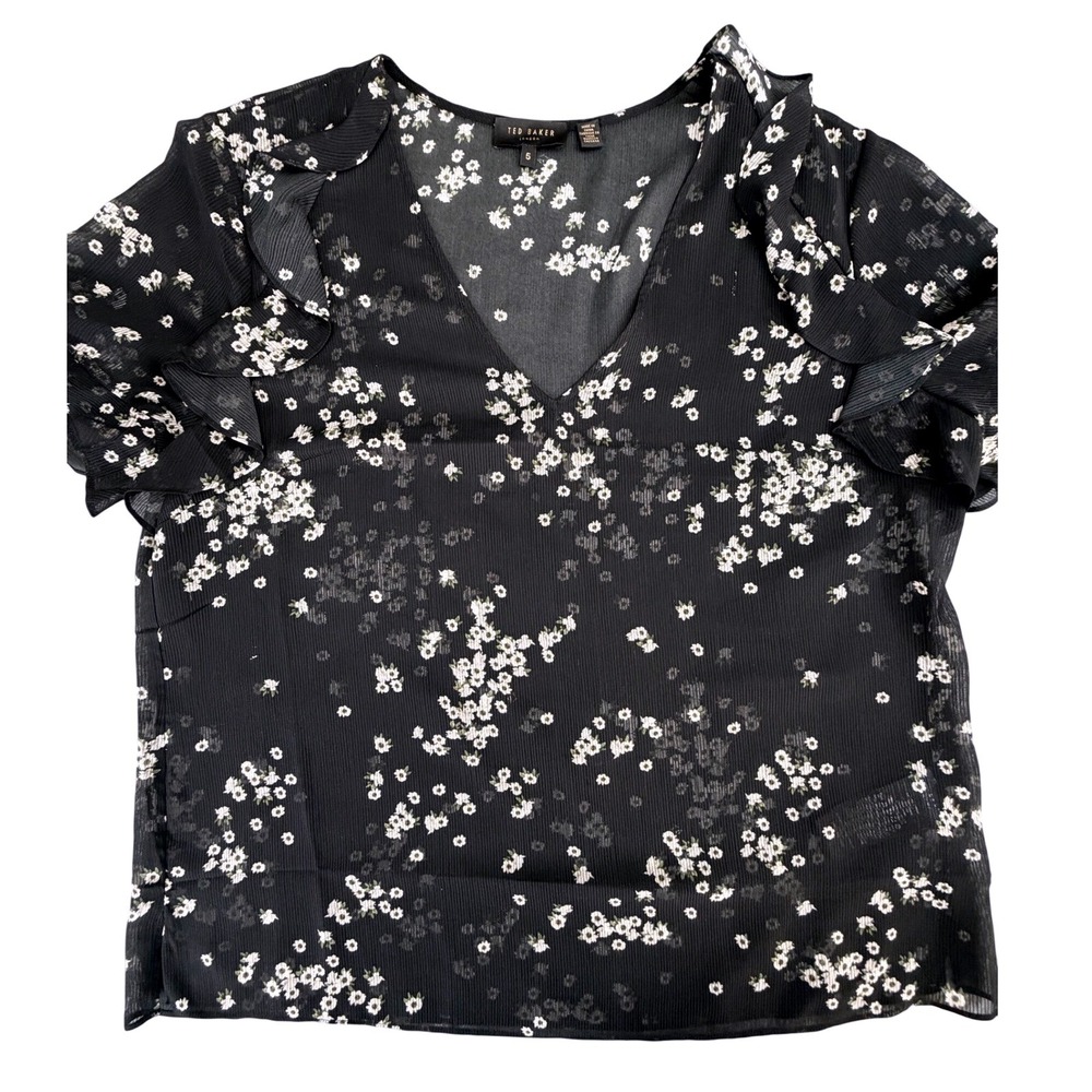 Ted Baker London Kleaa Black Floral Ruffle Flutter Sleeve V-Neck Blouse Size 5